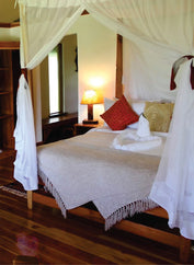Luxury accommodation bedroom at Lion Sands Masai Mara Lodge with a wooden bed, mosquito net, and bedroom lamp in the corner next to it